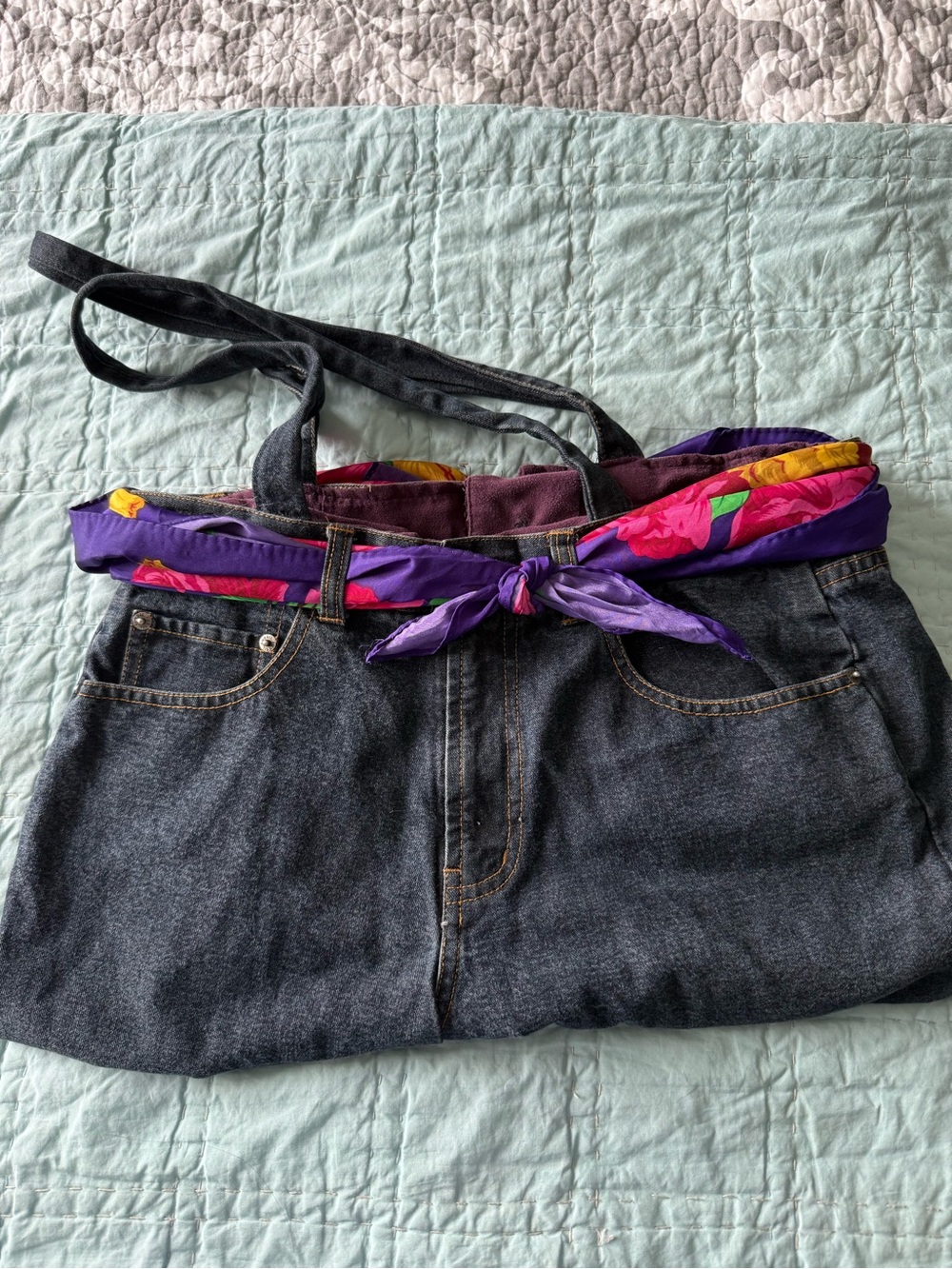Denim Tote Bag with Purple Floral Scarf Accent